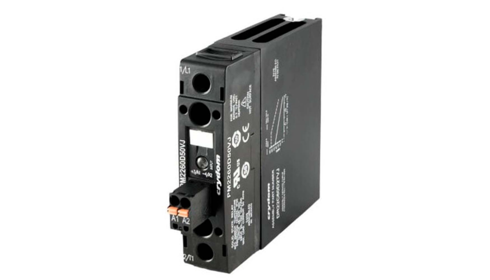 Figura 1: Los conjuntos de la serie DR22C incorporan un m�dulo SSR dentro de un conjunto portador compacto de rieles DIN. Foto: Sensata-Crydom...