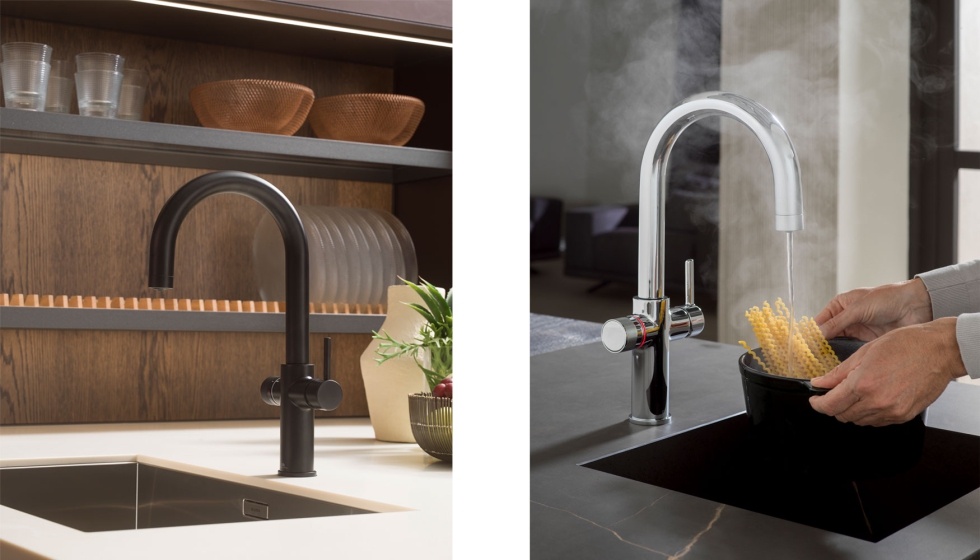 La grifer�a multifunci�n est� disponible en cromo y negro mate