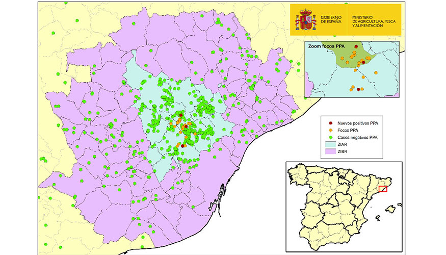 Localizaci�n de los 29 focos en jabal�es silvestres y de los jabal�es capturados o hallados muertos negativos detectados en la zona infectada...