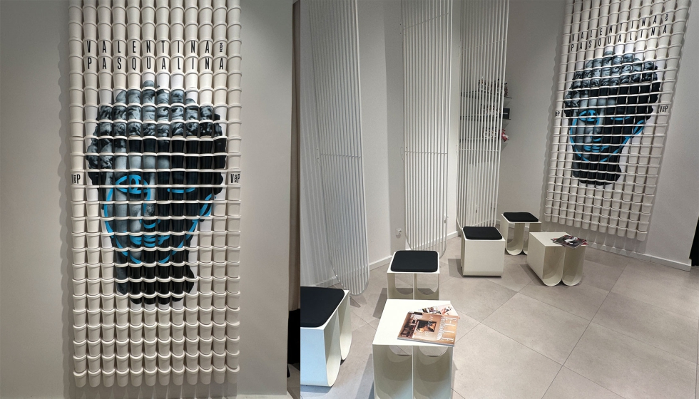 Composici�n del David de Miguel Angel con los envases de �packafging� que se emplea en el establecimiento para degustar el t�pico tiramis�...