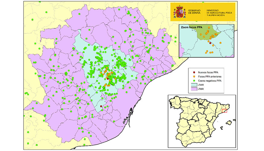 Localizaci�n de los 31 focos en jabal�es silvestres y de los jabal�es capturados o hallados muertos negativos detectados en la zona infectada...
