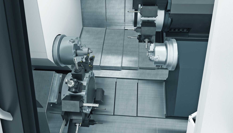 Los dos husillos y las torretas m�ltiples permiten un mecanizado completo y eficiente de 6 caras de piezas de trabajo de hasta � 430 x 700 mm...