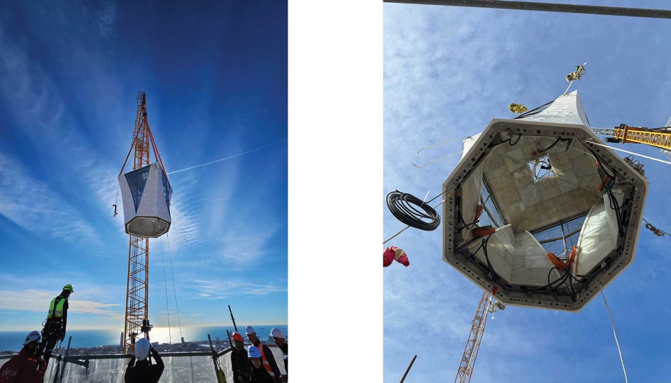 Para instalar el brazo superior de la cruz, de 12,5 toneladas de peso, fue necesario contar con la ayuda de una gr�a de gran tonelaje...