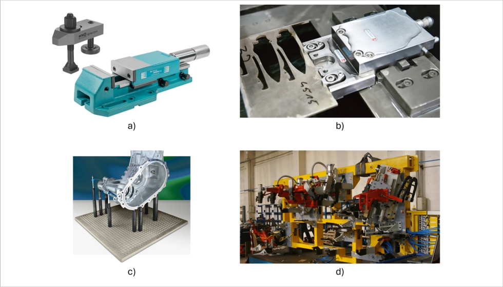 Figura 1. Ejemplos de diferentes tipos de utillajes. a) Mordaza y brida para mecanizado. Fuente: Fresmak y AMF...