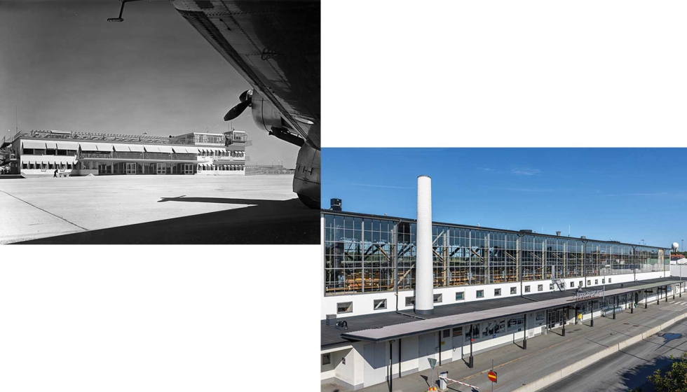Imagen hist�rica del aeropuerto de Bromma y, debajo, nueva apariencia de la terminal con la fachada renovada