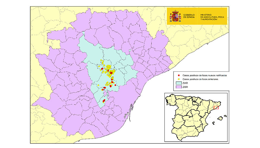 Localizaci�n detallada de los 195 casos de jabal�es silvestres detectados en la zona infectada. C�rculo amarillo: casos de casos anteriores...