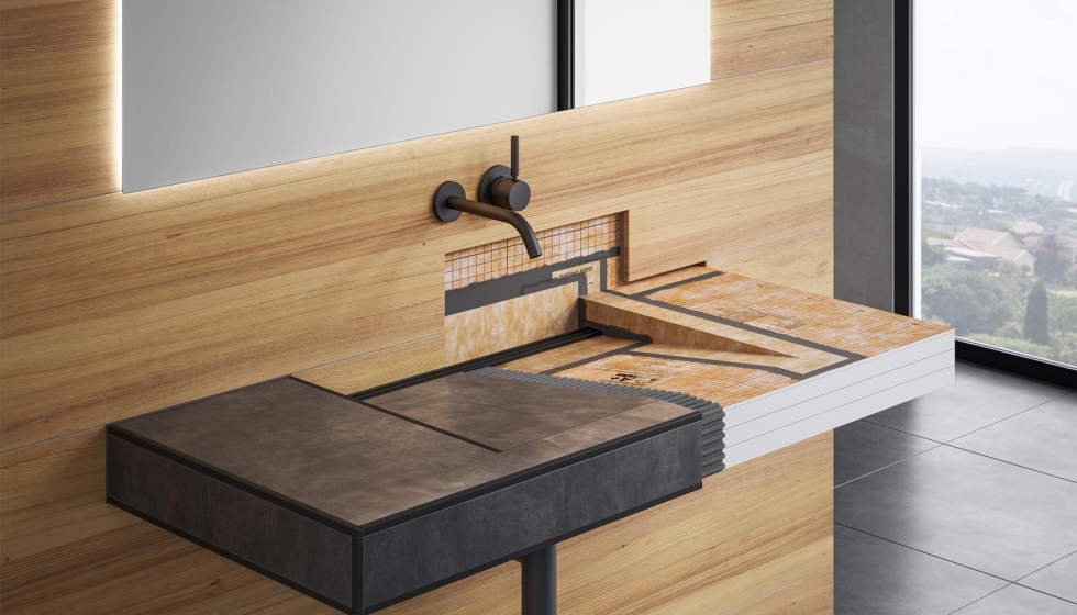 El lavabo prefabricado KERDI-BOARD-W se puede instalar con soportes para que sea accesible en silla de ruedas y, por lo tanto, sin barreras...
