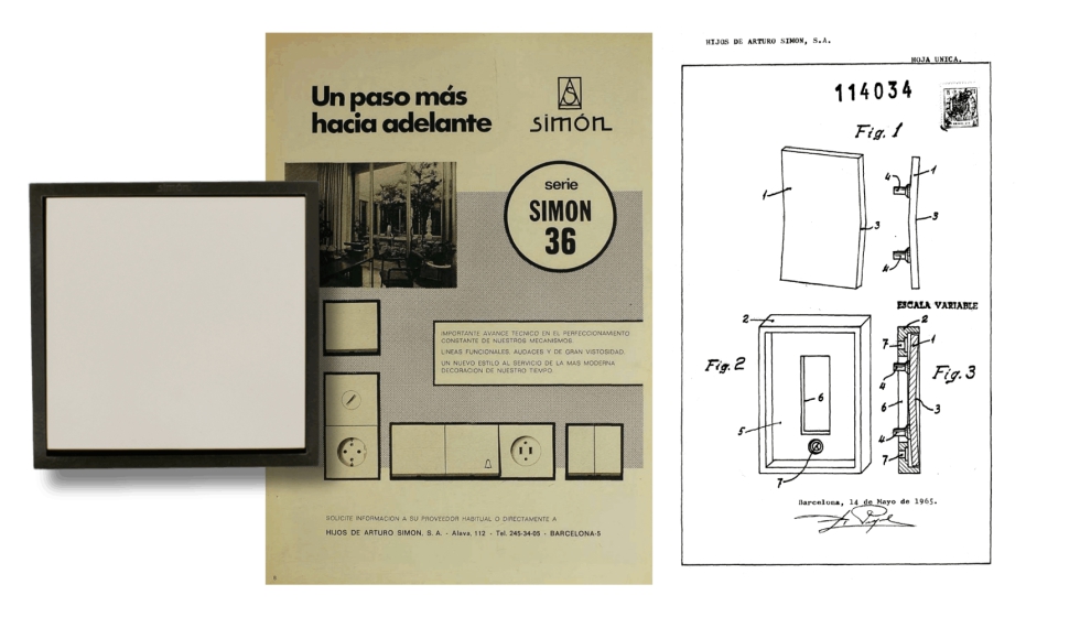 Simon 36, serie lanzada en 1971. Junto con anuncio publicado en Revista de Aparejadores y Modelo de Utilidad firmado en 1968...