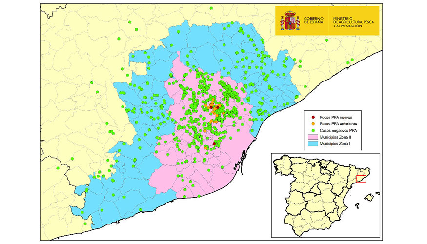 Localizaci�n de los 37 focos en jabal�es silvestres y de los jabal�es capturados o hallados muertos negativos detectados en la zona restringida II...