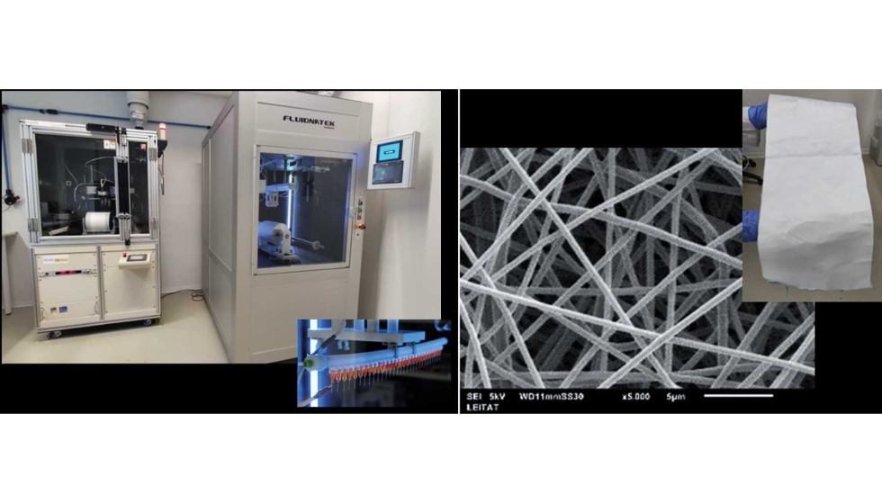 Equipos de electrospinning disponibles en las instalaciones de Leitat y ejemplo de �mat� nanofibroso producido