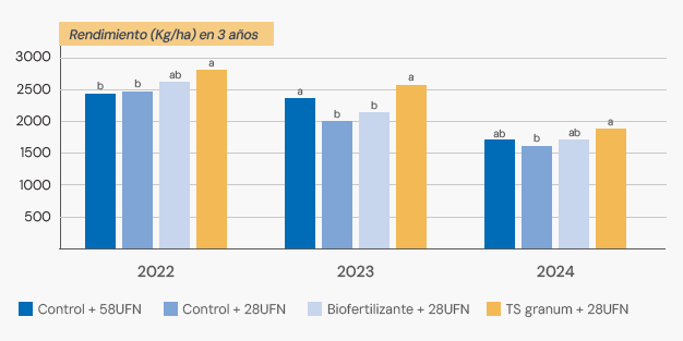 Gr�fica 1. Rendimiento del trigo (Kg/ha) en 3 a�os de ensayo consecutivo (2022, 2023 y 2024) en los diferentes tratamientos planteados...