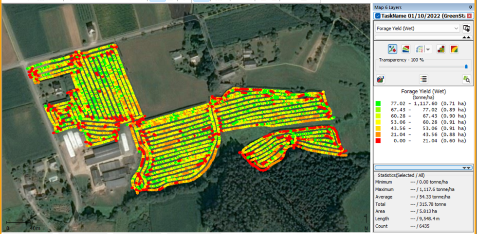 Figura 4. Mapa con los datos brutos de rendimiento obtenidos por una cosechadora autopropulsada de forraje