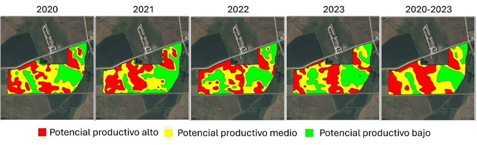 Figura 5. Mapas anuales con tres ZM de cuatro campa�as consecutivas y mapa plurianual con un valor de CV del 20.1% de una parcela de 5.7 ha...