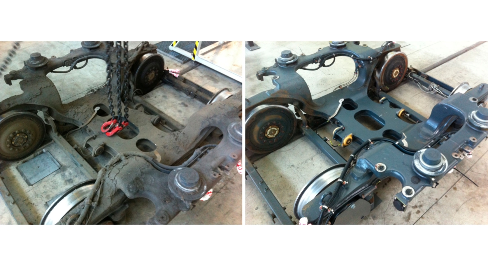 El antes y el despu�s del lavado del bogie da una idea del trabajo que ofrecen las m�quinas Aqua Clean para el sector ferroviario...