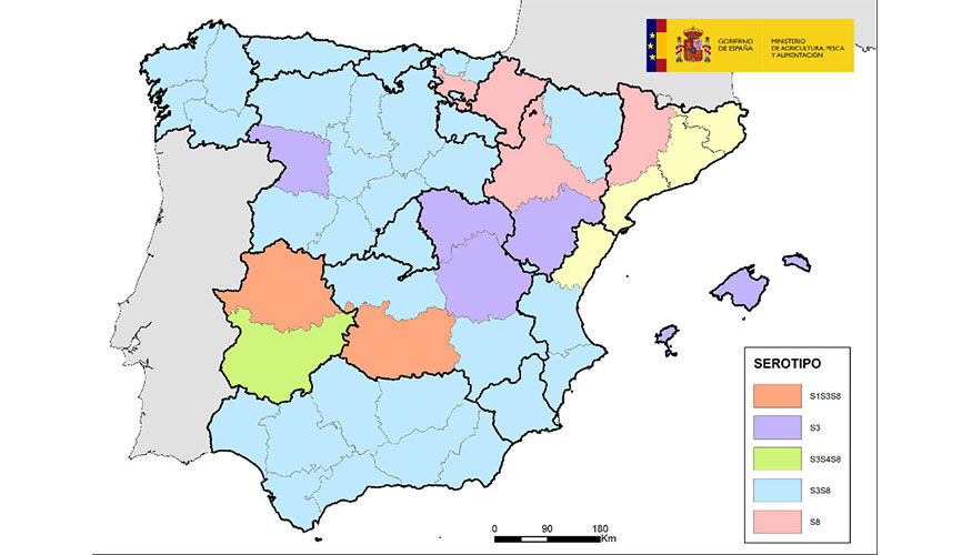 Mapa de los serotipos de lengua azul declarados en Espa�a