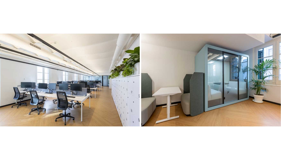 Las plantas superiores se han transformado en oficinas abiertas y adaptables, con salas de reuniones, cabinas ac�sticas y �reas sociales...