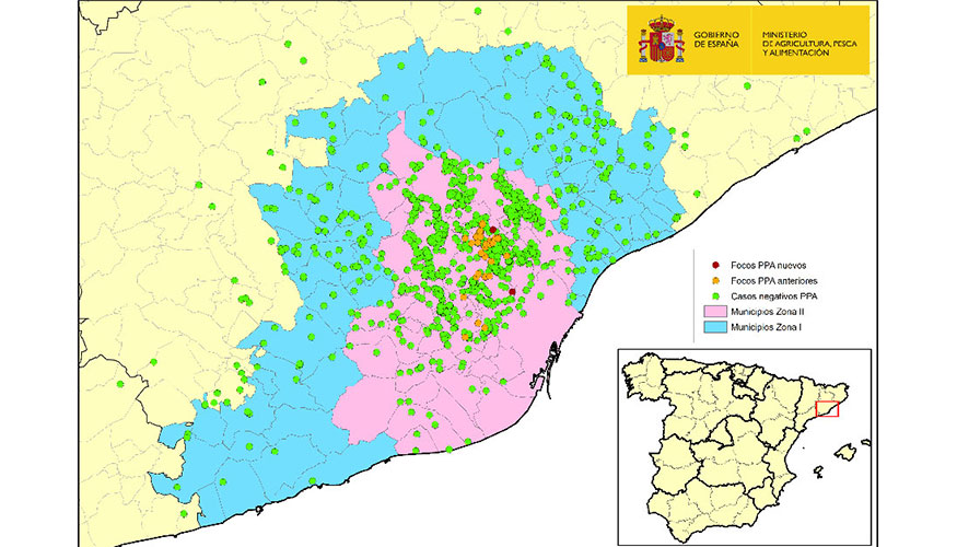 Localizaci�n de los 40 focos en jabal�es silvestres y de los jabal�es capturados o hallados muertos negativos detectados en la zona restringida II...