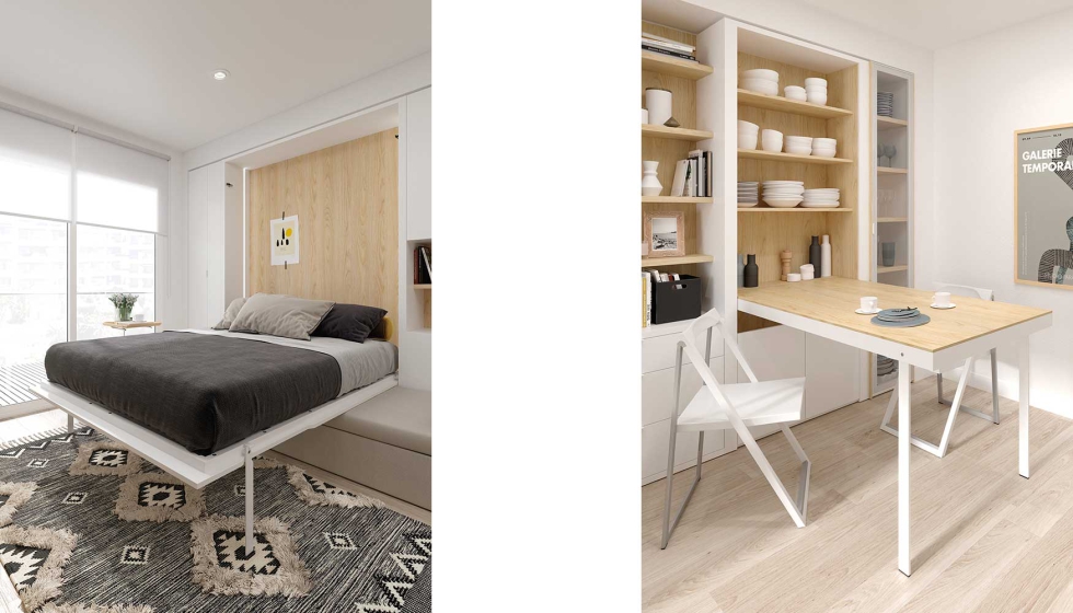 La colecci�n permite instalar un mueble de pared a pared que combina espacios para libros, objetos decorativos y almacenaje...