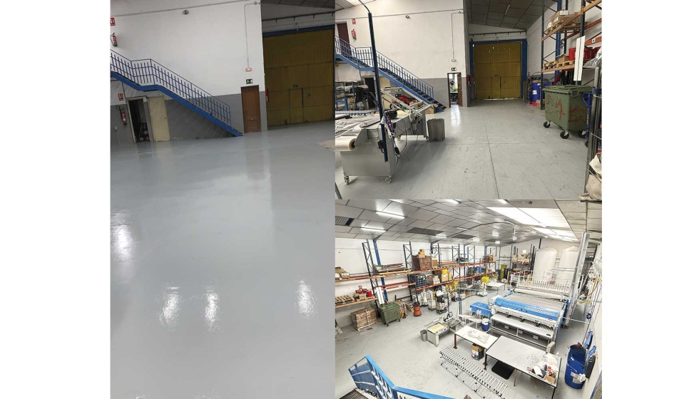 Aplicaci�n real Rochaepox 1-C Gris Perla sobre pavimento industrial. A la izq.: aplicaci�n realizada. A la dcha.: despu�s de 7 meses de uso...