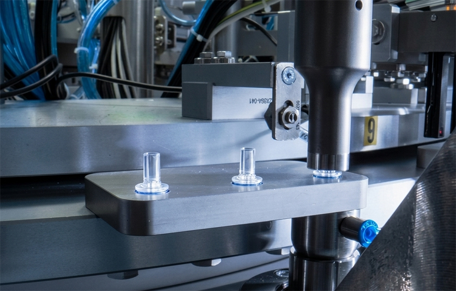 Pormenor do processo de soldadura das v�lvulas de reten��o com o sistema Infinity servo, da Dukane, instalado na m�quina da Kahle Automation...