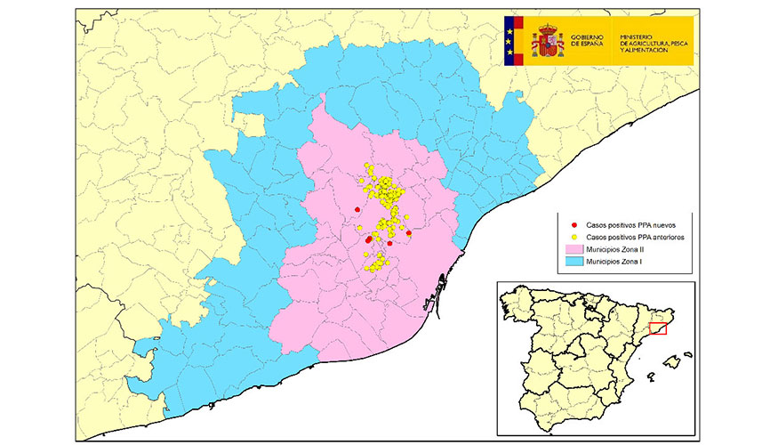 Localizaci�n detallada de los 238 casos de jabal�es silvestres detectados en la zona restringida II. C�rculo amarillo: casos anteriores...