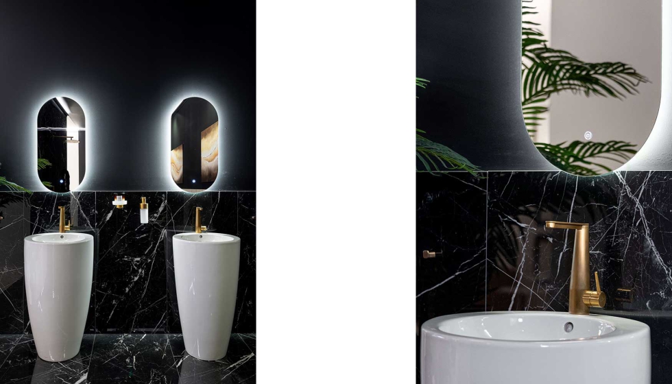 La grifer�a de lavabo Conum en oro cepillado destaca por sus formas din�micas y precisi�n geom�trica