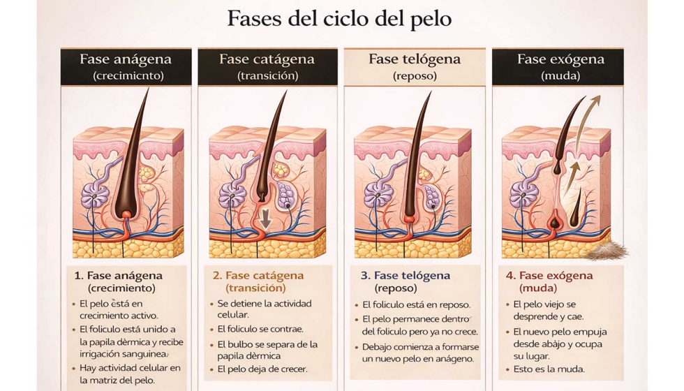 Ciclo folicular del pelo compuesto por las fases an�gena, cat�gena, tel�gena y ex�gena