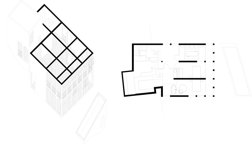 Axonometr�a de esta vivienda que se articula en tres niveles para sortear el desnivel de la parcela (izquierda); y plano de la planta -1 que alberga...