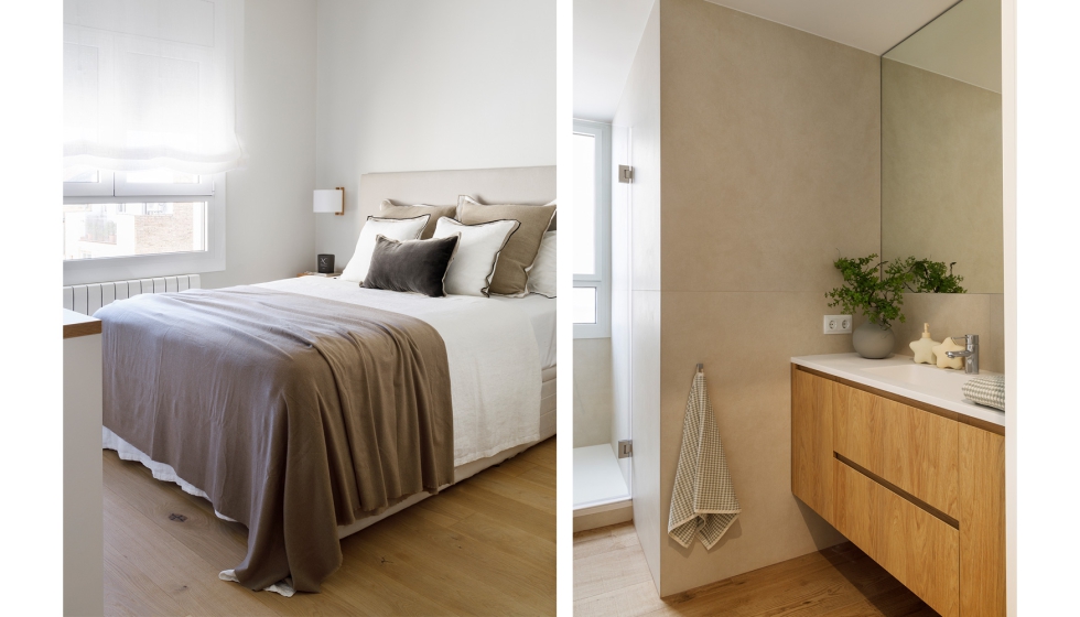 El dormitorio principal mantiene una coherencia est�tica con el cuarto de ba�o