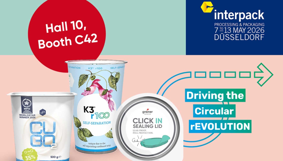 Vista general de las soluciones presentadas por Greiner Packaging en interpack 2026, incluyendo K3� r100, CUBO y la tapa Click In sealing lid...