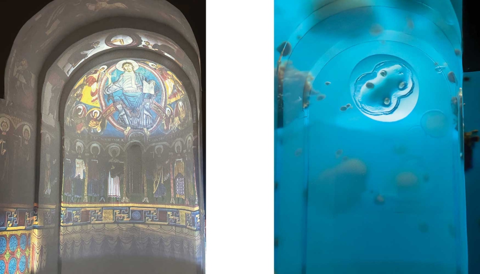 Dos instant�neas de la instalaci�n Lux Mundi que reproduc�a el Pantocr�tor de Ta�ll desde una perspectiva digital