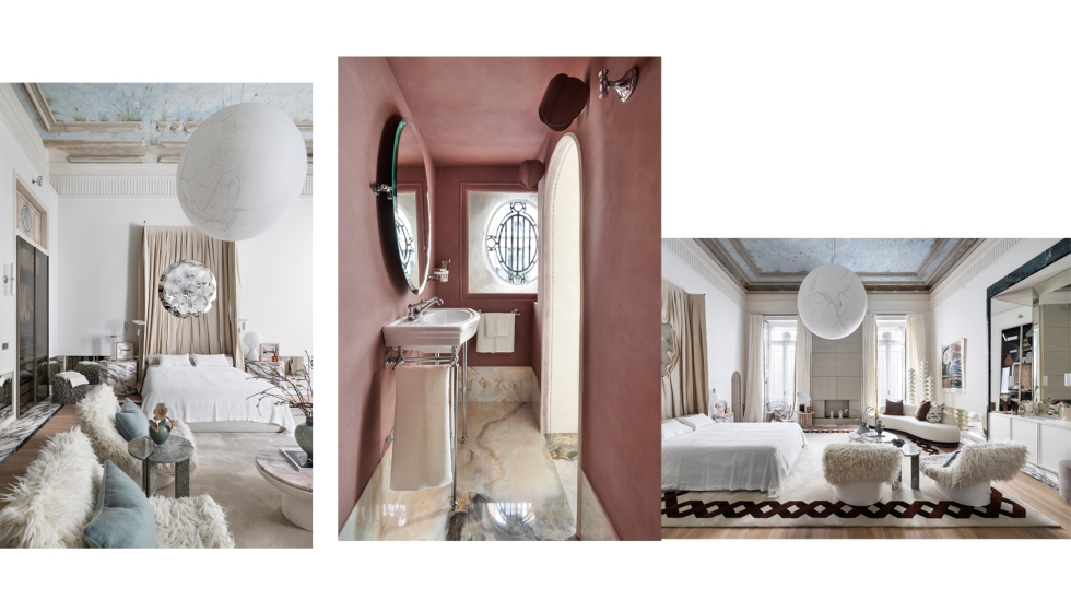 En el espacio '�rbita y Materia' las superficies Fior di Viola de Sapienstone se utilizan en las mesillas de noche y en el pavimento...