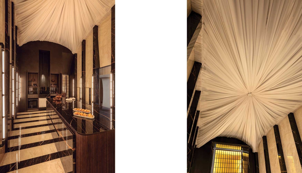 Dos instant�neas de este espacio mon�stico, gracias al uso de la piedra sinterizada en pavimentos, encimeras y revestimientos...