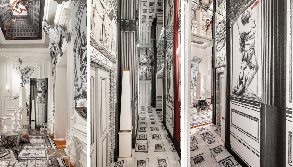 El conjunto se organiza mediante recursos espaciales y gr�ficos en los que el techo se convierte en suelo y el suelo se refleja en el techo de espejo...