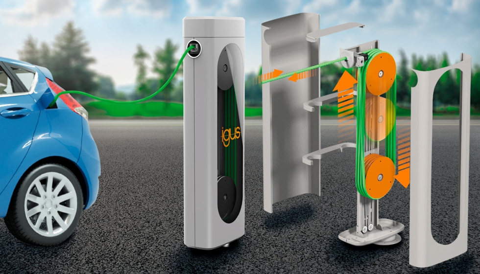 Un Wallbox organizado: el nuevo sistema e-tract 3.0 de igus protege los cables y simplifica su proceso de enrollado y desenrollado. Foto: igus GmbH...