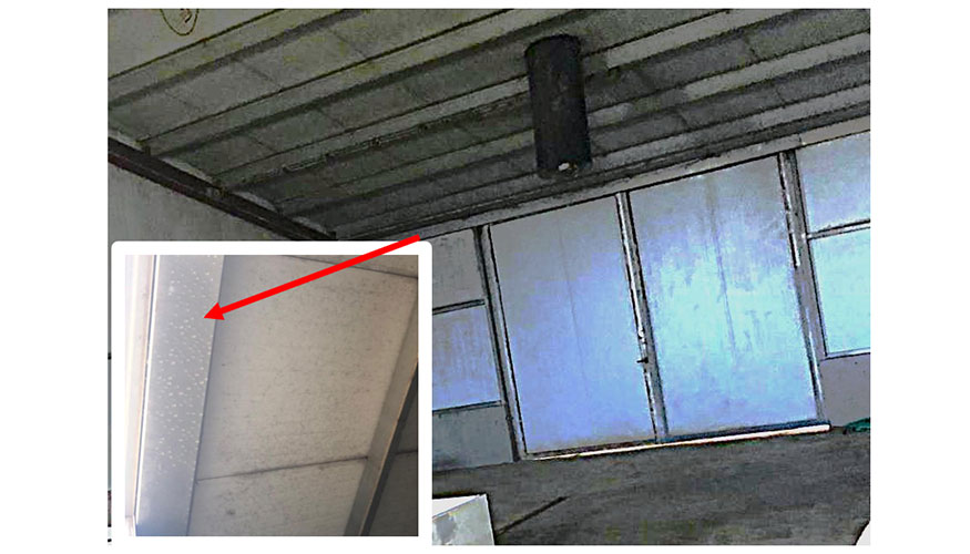 Imagen 1. Zonas muertas de ventilaci�n en nodriza por aspiraci�n con manchas oscuras en la cubierta y goteo en las partes no aisladas del exterior...