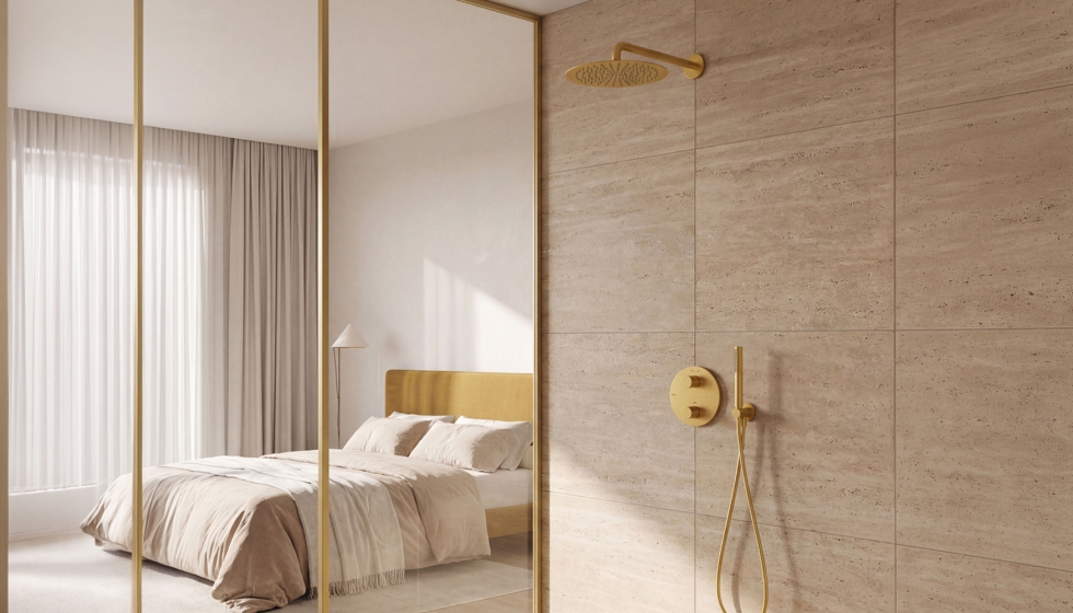 Los termost�ticos Therm-box combinan con cualquiera de las colecciones de Tres. Aqu�, en acabado oro mate 24k