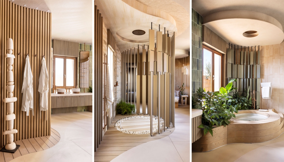 La encimera y el plato de ducha son de Cosentino, los lavamanos, de Bathco, las grifer�as, de ramonsoler y los accesorios, de Manillons Torrent...