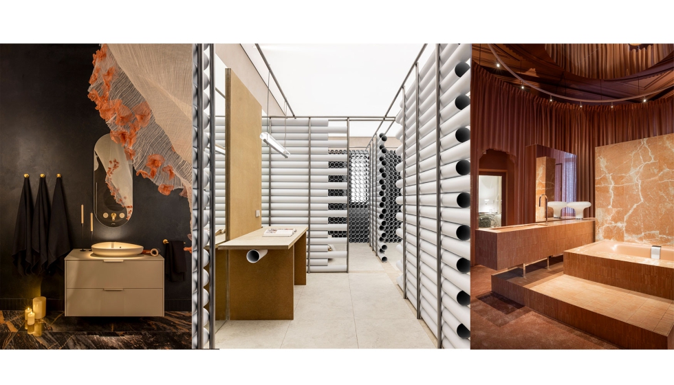 La teatralidad de algunos espacios contrasta con la conceptualidad de otros. Espacios de Jacob Delafon, Geberit y Kaldewei...