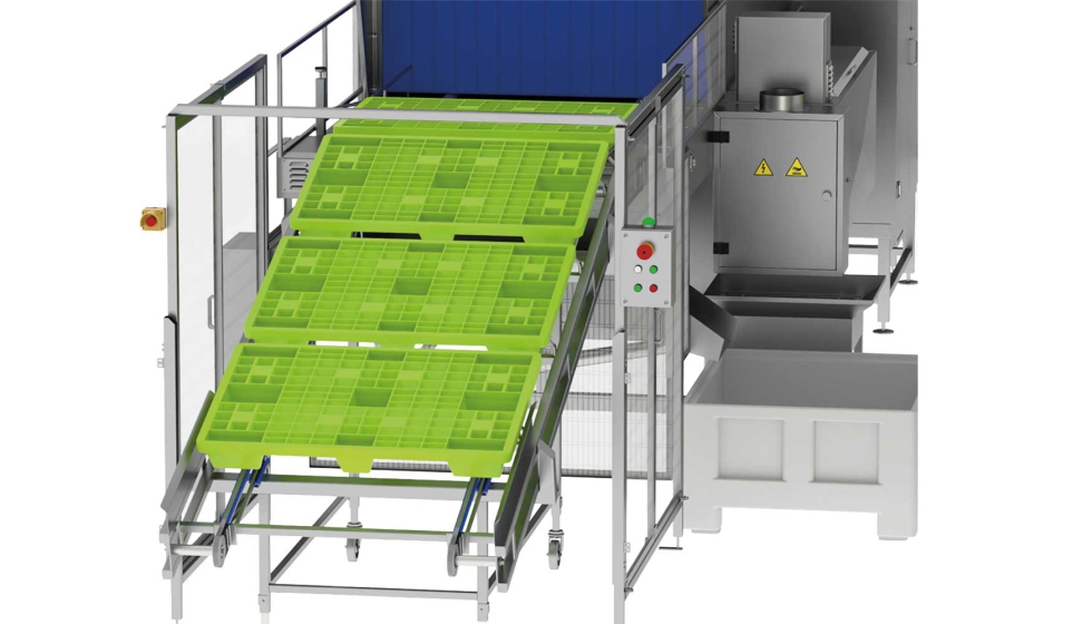 Equipamento de lavagem para palotes e paletes, com adapta��o do processo em fun��o do tipo de produto e orientado para produ��es m�dias e elevadas...