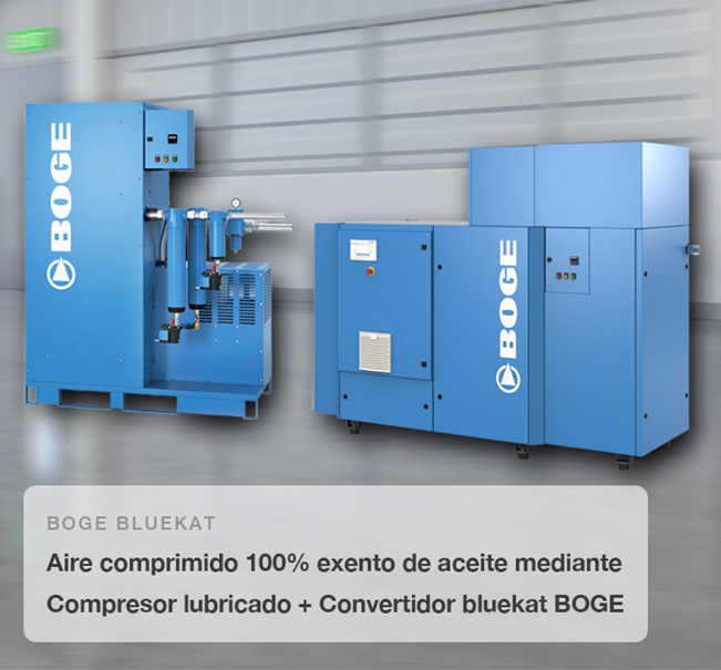 Aire comprimido 100% exento de aceite mediante compresor lubricado + convertidor bluekat BOGE