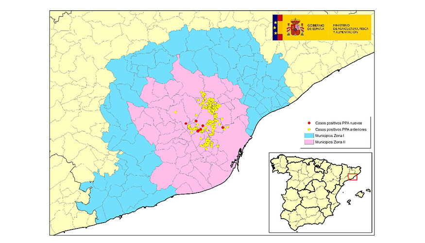 Localizaci�n detallada de los 306 casos de jabal�es silvestres detectados en la zona restringida II. C�rculo amarillo: casos anteriores...