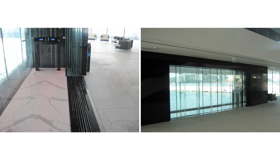 Fermator es especialista en desarrollos a medida, como estas puertas centrales �underdriven� de seis hojas en cristal...