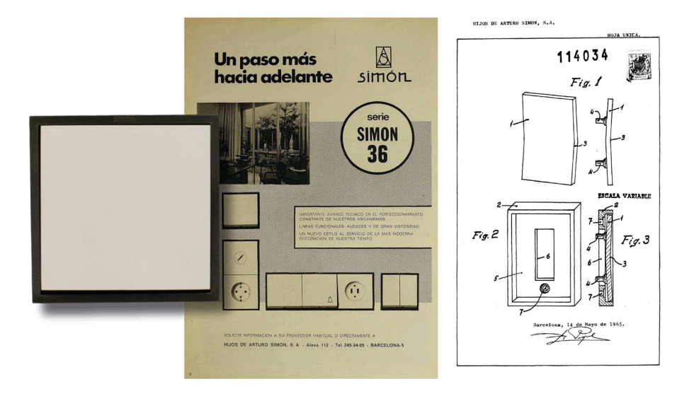 Simon 36, serie lanzada en 1971, junto con el anuncio publicado en Revista de Aparejadores y Modelo de Utilidad firmado en 1968...