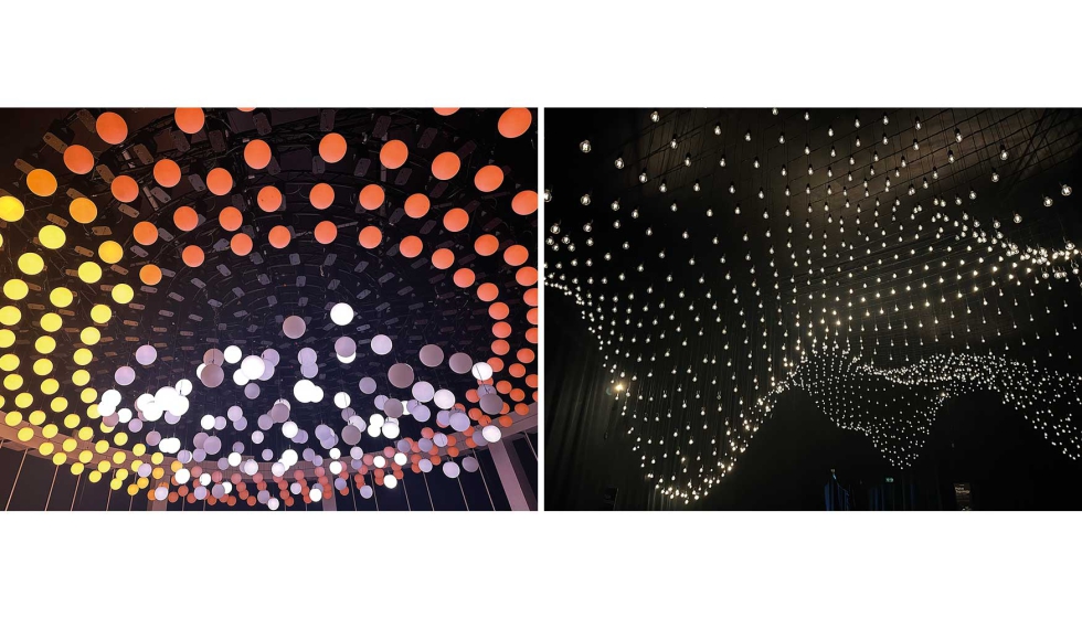 Detalle de �10 Agosto� de Hyperstudio (izquierda) y �Pulse Topology� de Rafael Lozano-Hemmer (derecha)