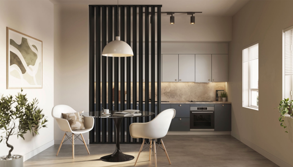 Separador de ambientes Divisio en negro, un elegante elemento divisorio entre la cocina y el sal�n