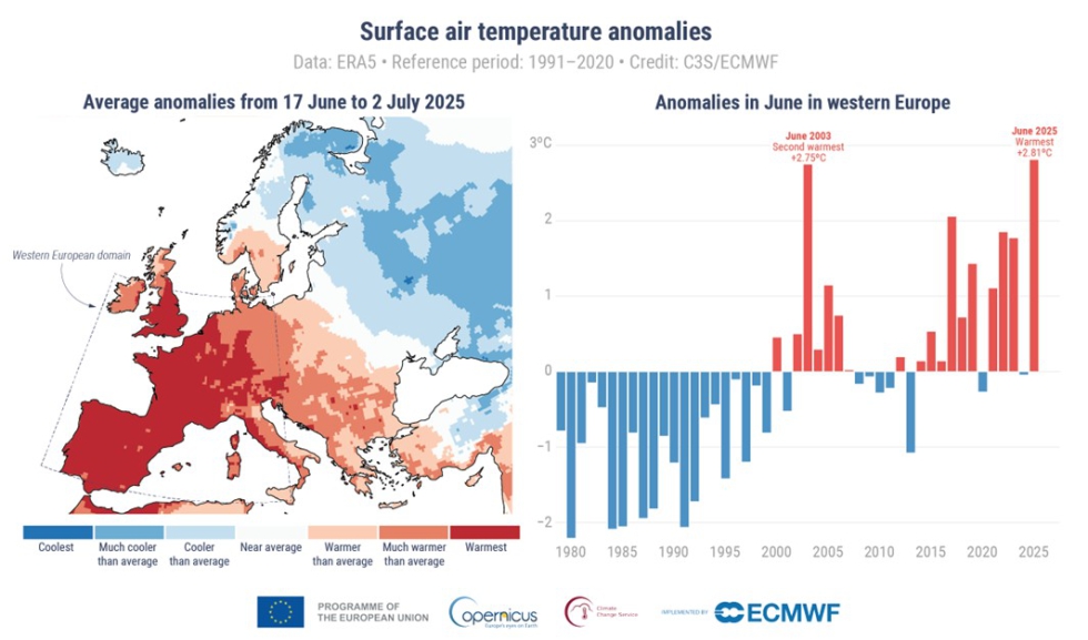 (Izquierda) Anomal�as y extremos de la temperatura media del aire en superficie entre el 17 de junio y el 2 de julio de 2025...