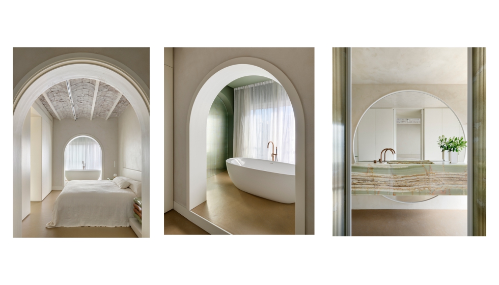 La suite principal incorpora una ba�era exenta enmarcada por un arco y un espacio anexo con sauna y hammam