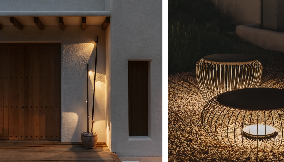 Residencia familiar dise�ada por Cristina Soler con la luminaria exterior Bamboo, que se integra en el jard�n realzando el paisaje natural...