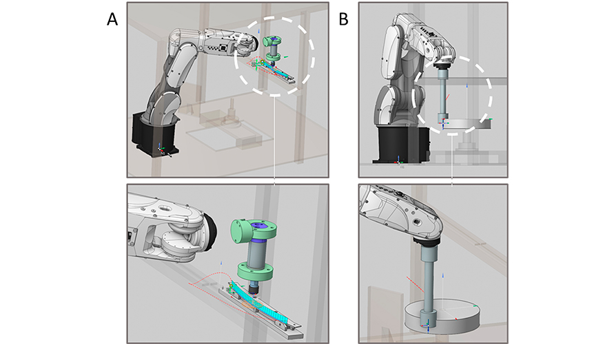 Figura 3. Estrategias de programaci�n de trayectorias rob�ticas: (A) con herramienta en mano; (B) con pieza en mano